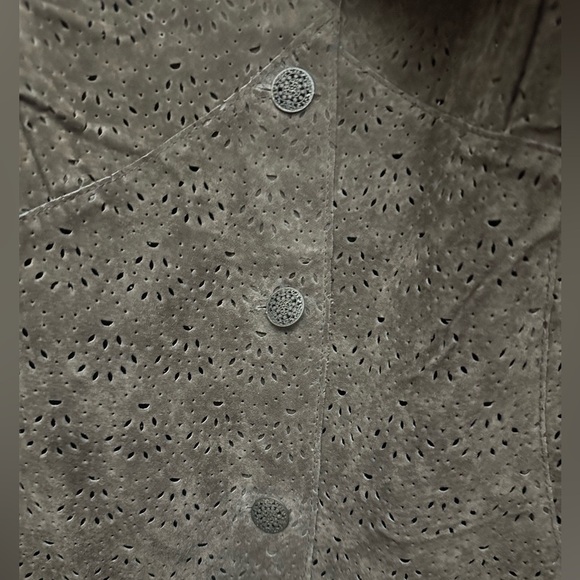 Coldwater Creek Suede Leather Jacket Size 2X Eyelet Ruffle Neck Y2K Boho Green - Picture 4 of 6